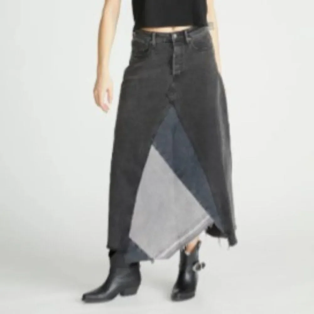 Free People Driftwood Katie Midi Maxi Skirt Denim Black Gray Frayed in Size 28